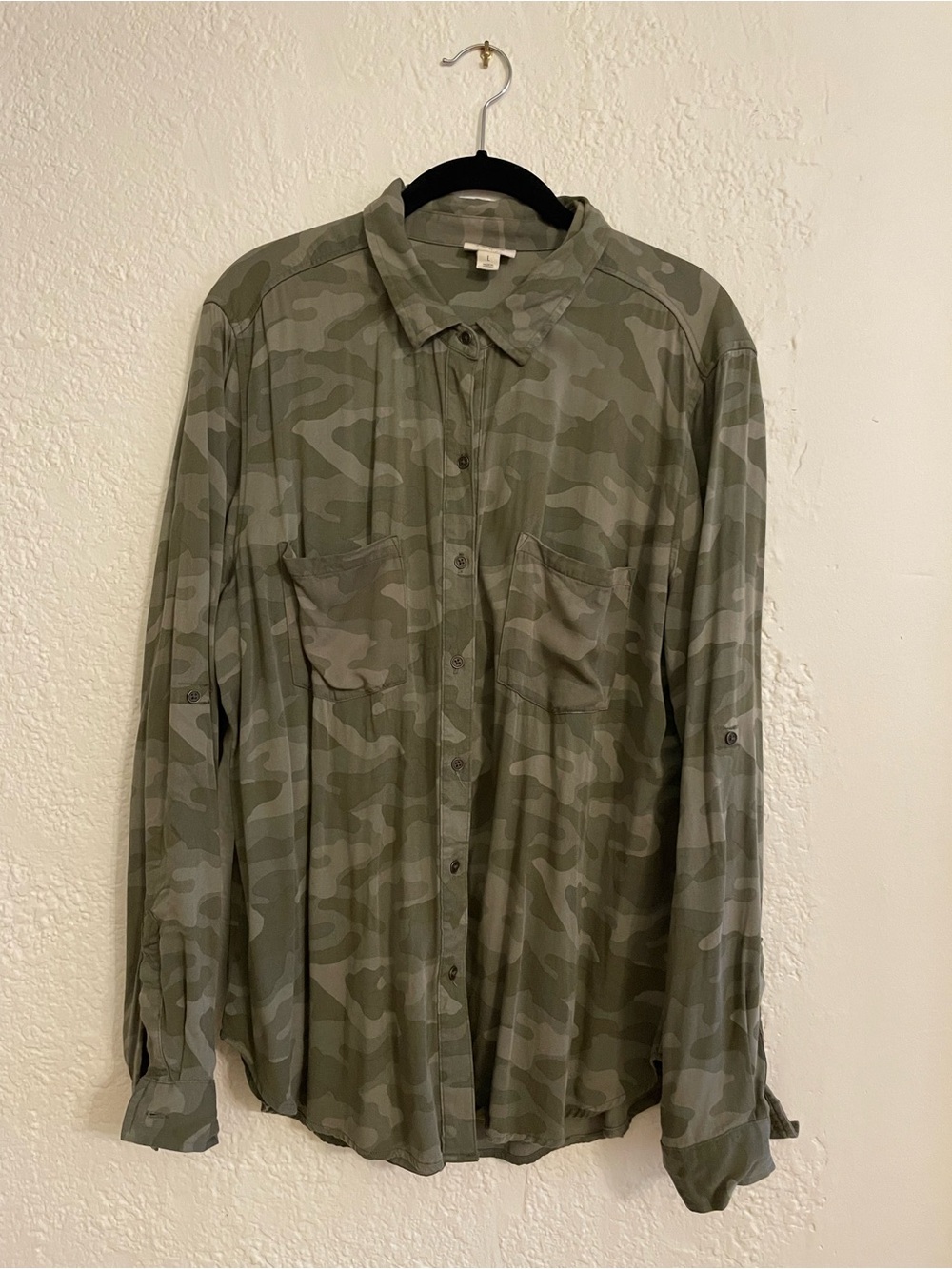 A.N.A. Camo Camouflage Button Down Rayon Shirt L